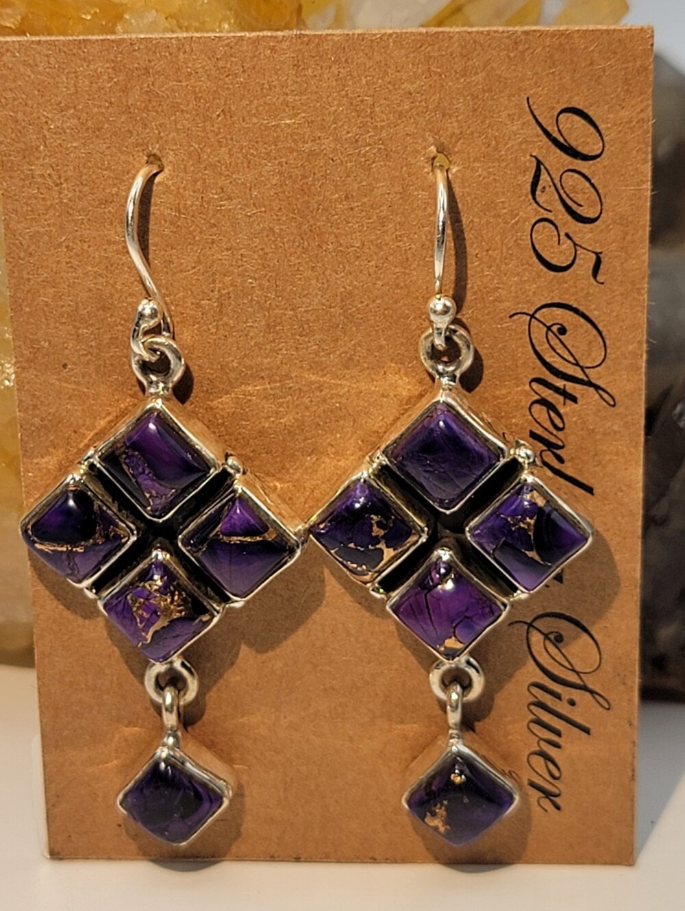 Sterling Silver 925 Kingman Purple Dahlia Turquoise Cluster Dangle Earrings 2” - Picture 2 of 9